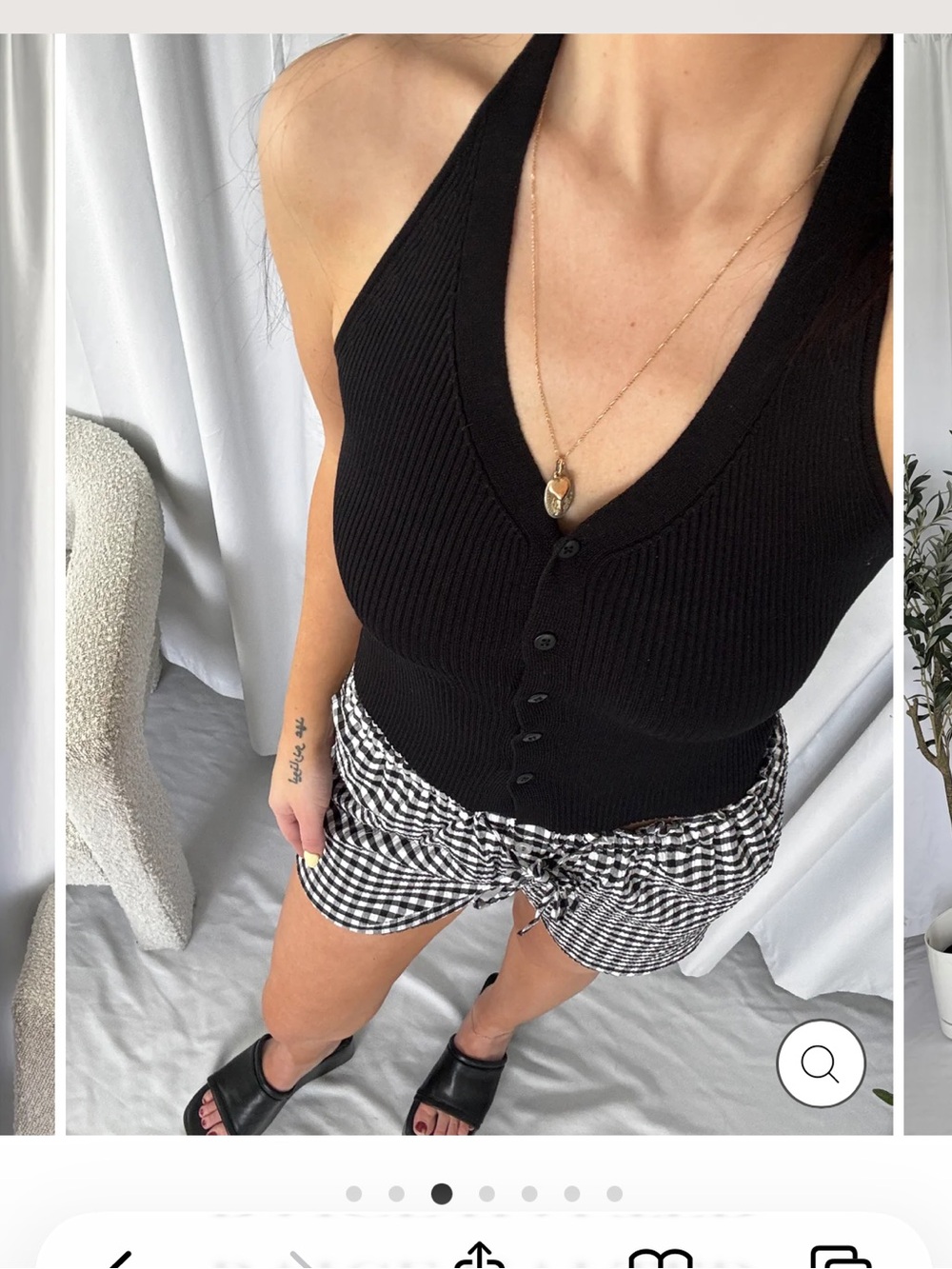 Black Ribbed Button Halter Top - Picture 2 of 7
